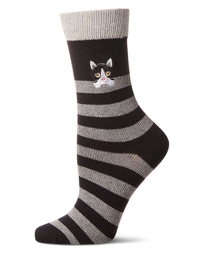 Women's "Just Hanging" Striped Embroidered Cotton Rich Novelty Crew Socks : Color: Black
