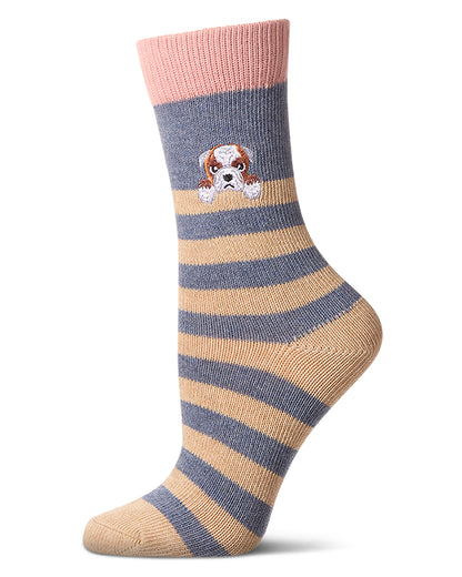 Women's "Just Hanging" Striped Embroidered Cotton Rich Novelty Crew Socks : Color: Denim Heather