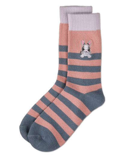 Women's "Just Hanging" Striped Embroidered Cotton Rich Novelty Crew Socks : Color: Pink