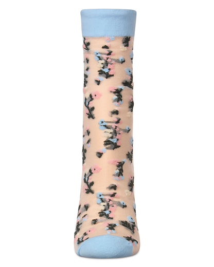 Women's Flowing Floral Sheer Crew Socks : Color: Dusty Blue