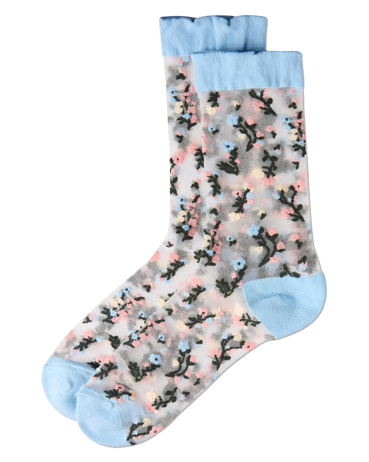 Women's Flowing Floral Sheer Crew Socks : Color: Dusty Blue