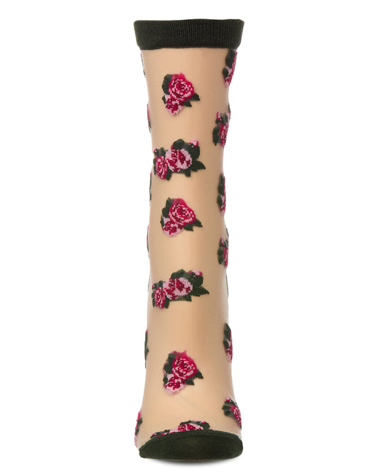 Women's Rose Sheer Crew Socks : Color: Olive