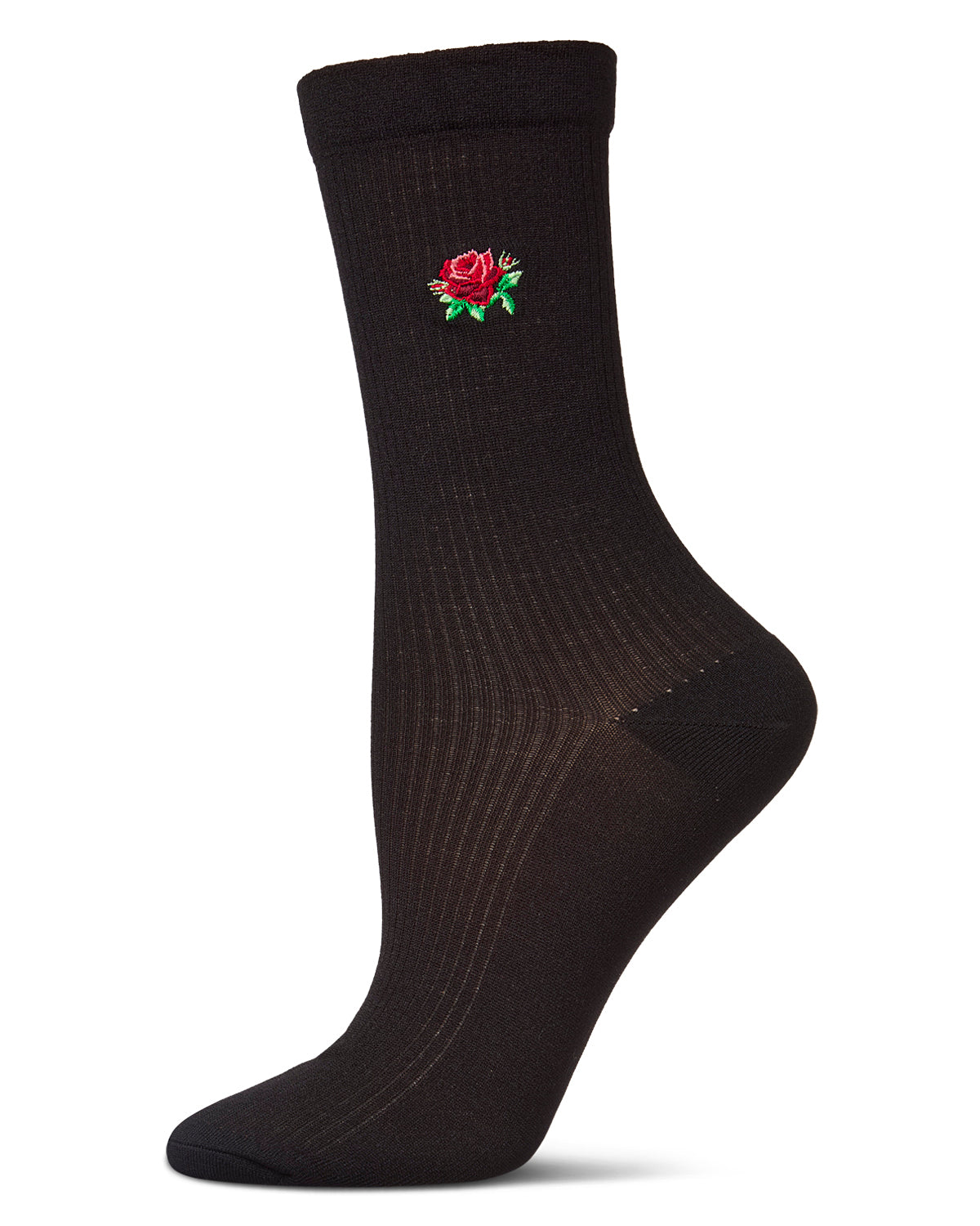 Women's Rose Embroidered Crew Socks : Color: Navy