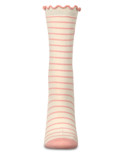 Women's Embroidered Heart Striped Crew Socks : Color: Ivory