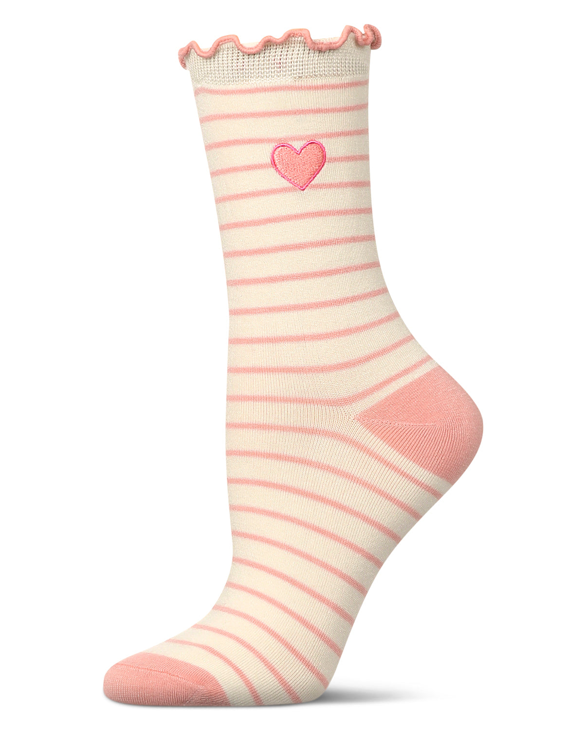 Women's Embroidered Heart Striped Crew Socks : Color: Ivory