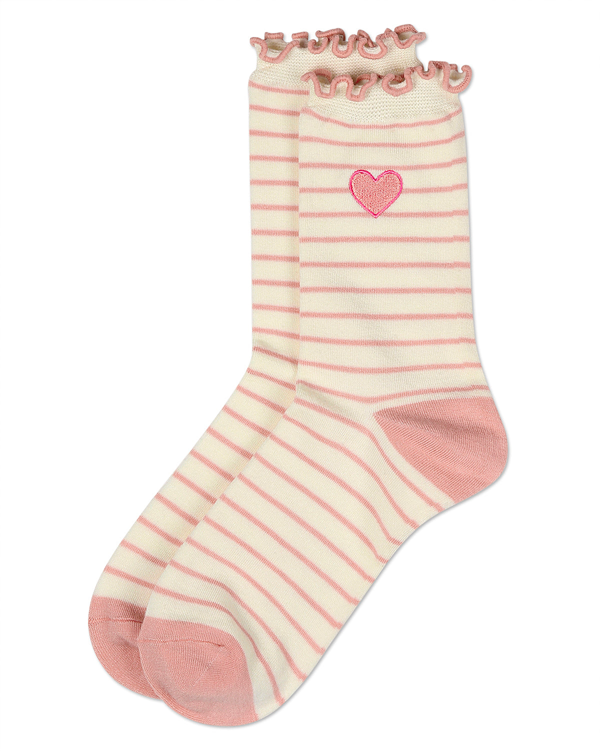 Women's Embroidered Heart Striped Crew Socks : Color: Ivory
