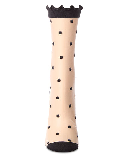 Women's Polka Dot Bow-Cuff Sheer Crew Sock : Color: Black