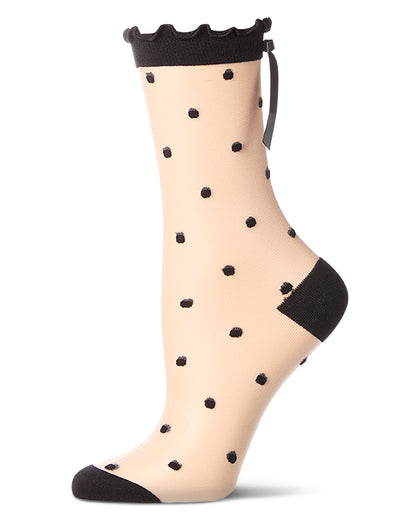 Women's Polka Dot Bow-Cuff Sheer Crew Sock : Color: Black