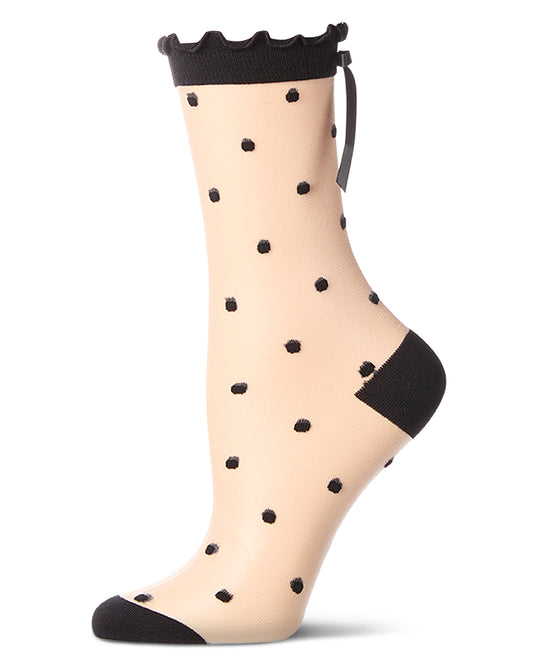 Women's Polka Dot Bow-Cuff Sheer Crew Sock : Color: Black