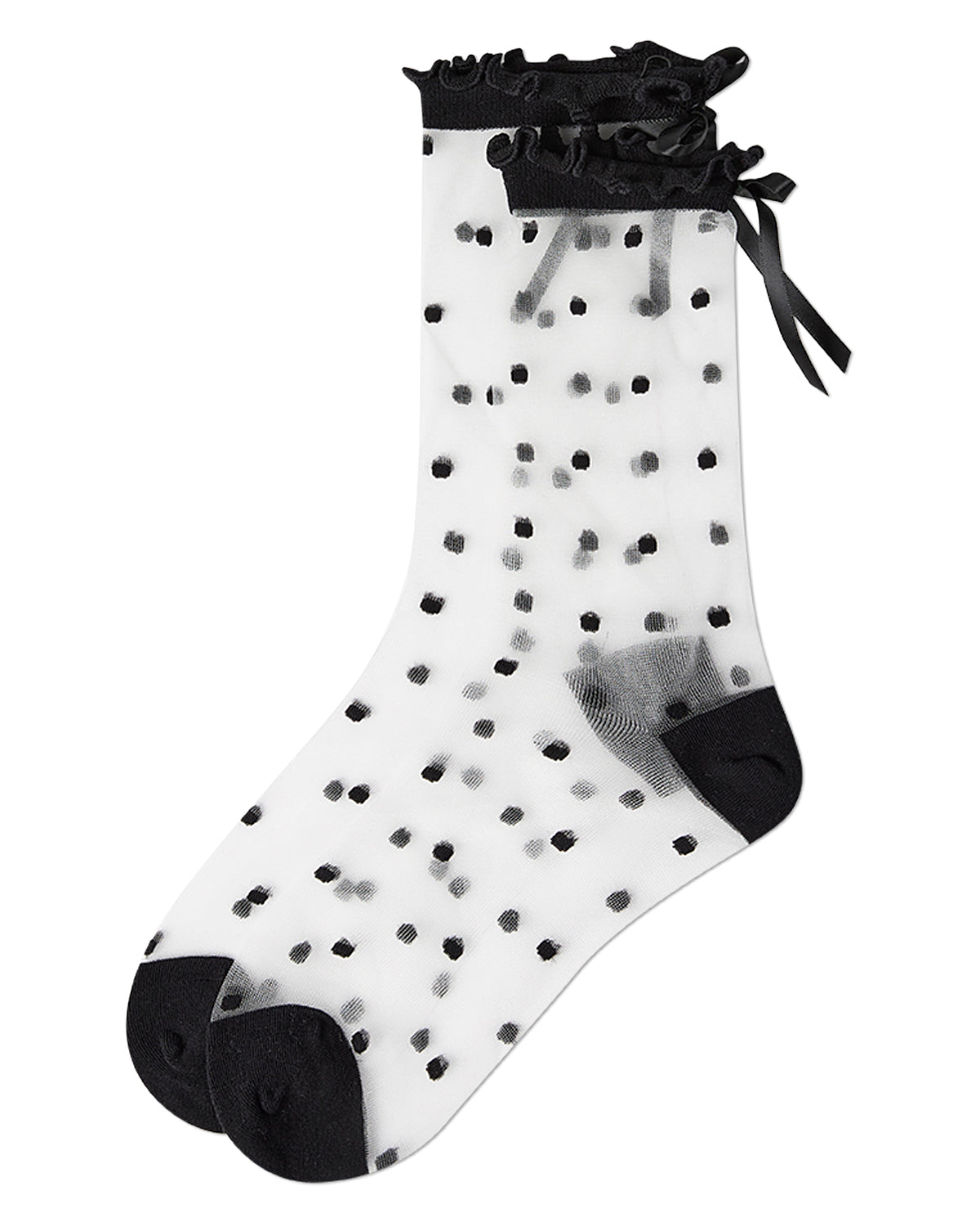 Women's Polka Dot Bow-Cuff Sheer Crew Sock : Color: Black