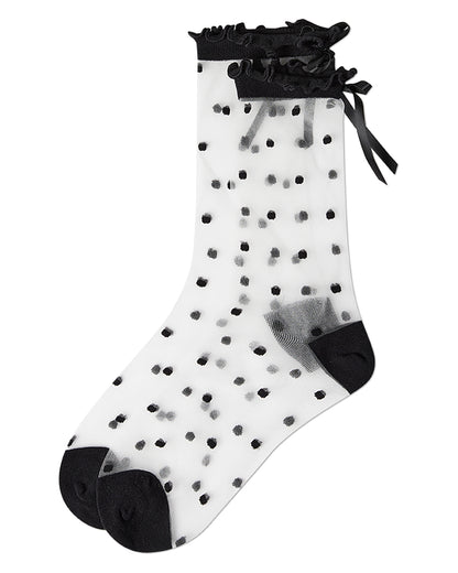 Women's Polka Dot Bow-Cuff Sheer Crew Sock : Color: Black