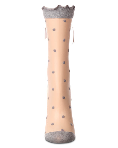 Women's Polka Dot Bow-Cuff Sheer Crew Sock : Color: Black