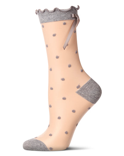 Women's Polka Dot Bow-Cuff Sheer Crew Sock : Color: Med Gray Heather
