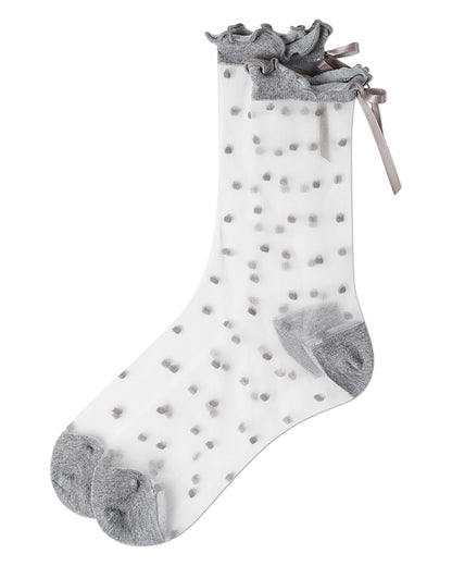 Women's Polka Dot Bow-Cuff Sheer Crew Sock : Color: Black