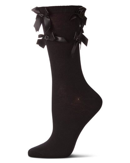 Women's Multiple Knit-On Bows Cotton Rich Crew Sock : Color: Black