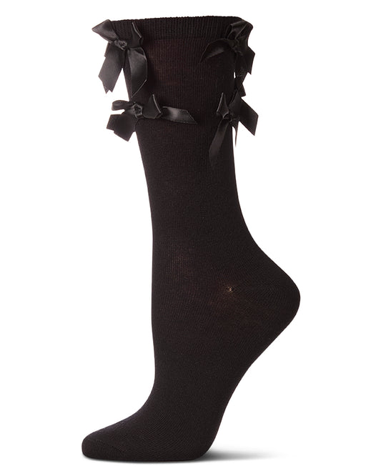 Women's Multiple Knit-On Bows Cotton Rich Crew Sock : Color: Black
