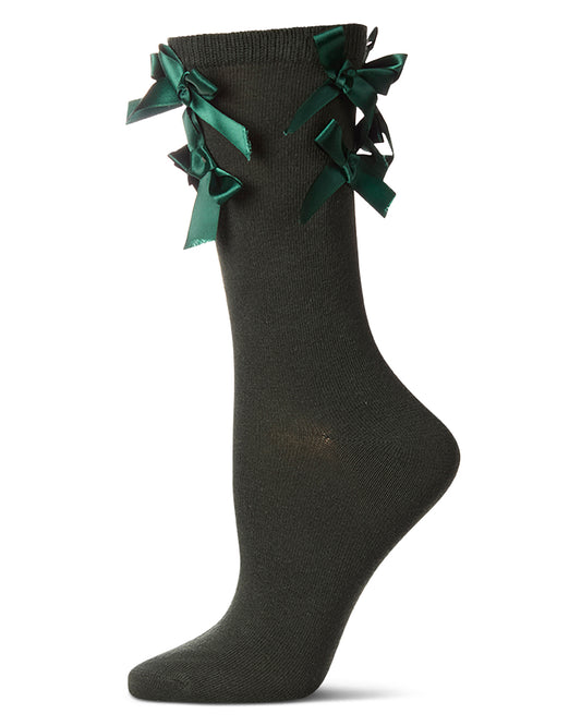Women's Multiple Knit-On Bows Cotton Rich Crew Sock : Color: Pine Green