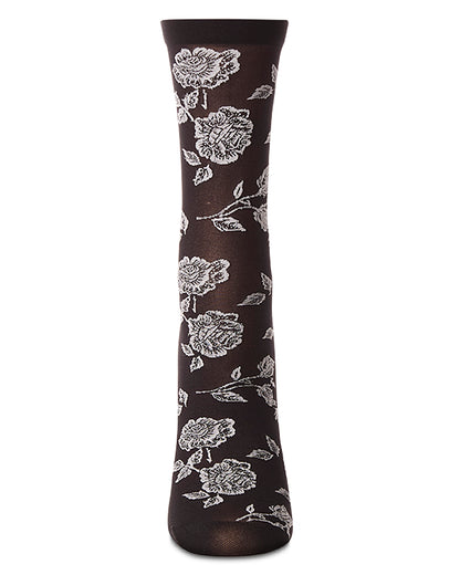 Women's All-Over Fancy Floral Sheer Crew Sock : Color: Black