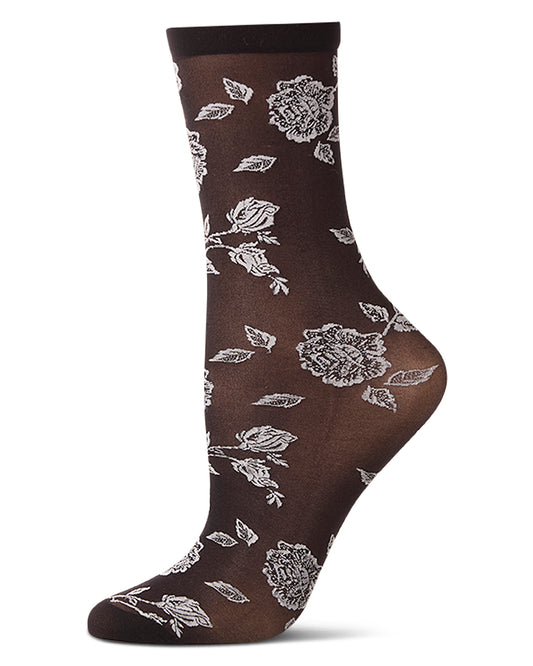Women's All-Over Fancy Floral Sheer Crew Sock : Color: Black