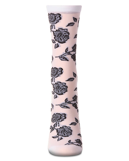 Women's All-Over Fancy Floral Sheer Crew Sock : Color: Black