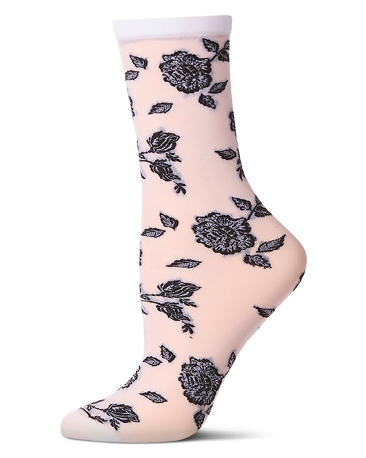 Women's All-Over Fancy Floral Sheer Crew Sock : Color: White