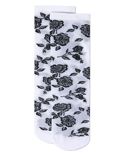 Women's All-Over Fancy Floral Sheer Crew Sock : Color: Black