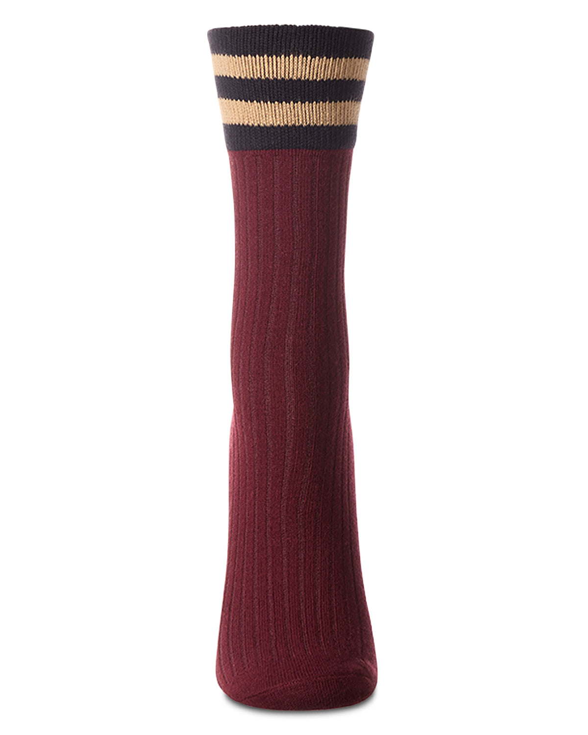Women's Ribbed Cotton Rich Striped Cuff Crew Sock : Color: Burgundy