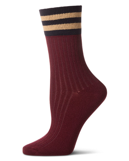 Women's Ribbed Cotton Rich Striped Cuff Crew Sock : Color: Burgundy