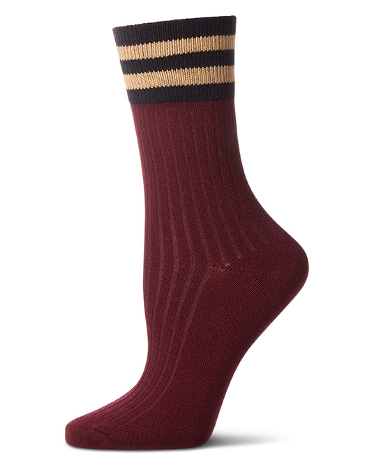 Women's Ribbed Cotton Rich Striped Cuff Crew Sock : Color: Burgundy