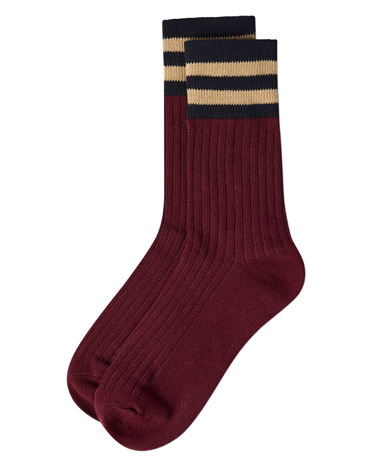 Women's Ribbed Cotton Rich Striped Cuff Crew Sock : Color: Burgundy