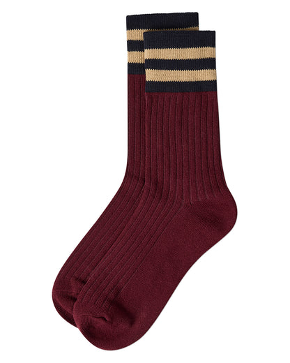 Women's Ribbed Cotton Rich Striped Cuff Crew Sock : Color: Burgundy