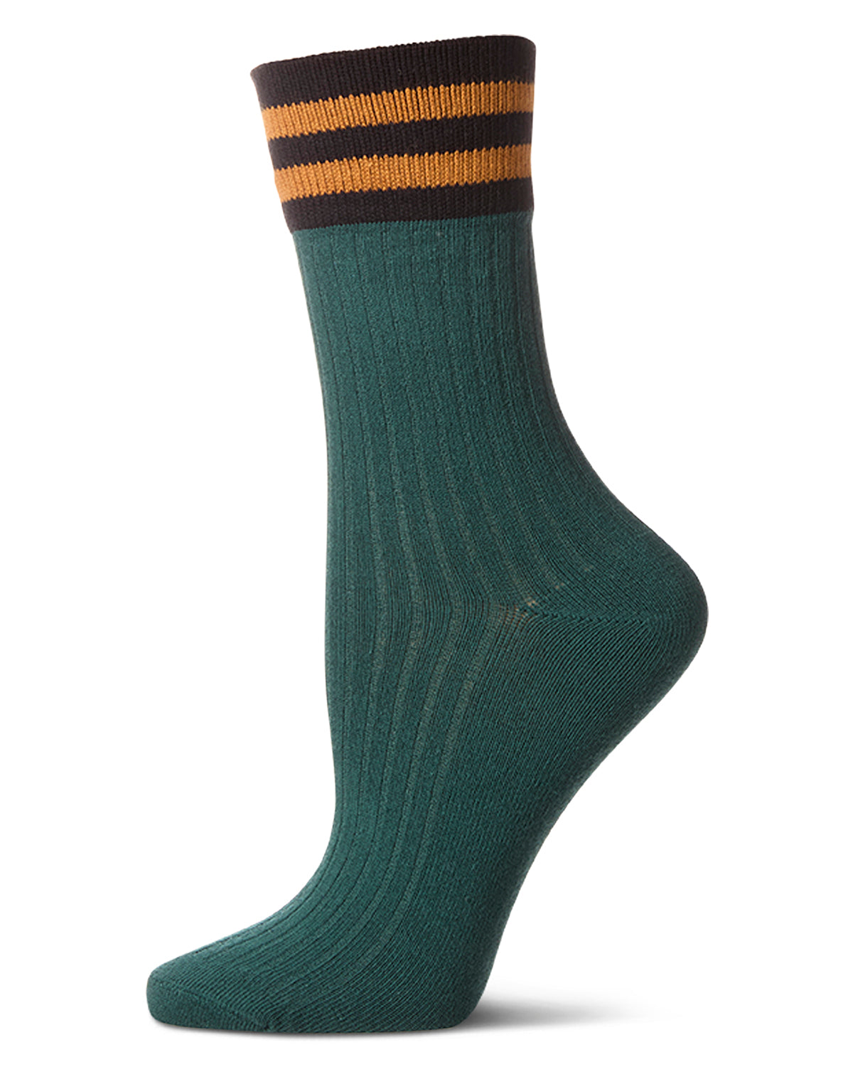 Women's Ribbed Cotton Rich Striped Cuff Crew Sock : Color: Forest Green