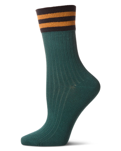 Women's Ribbed Cotton Rich Striped Cuff Crew Sock : Color: Forest Green