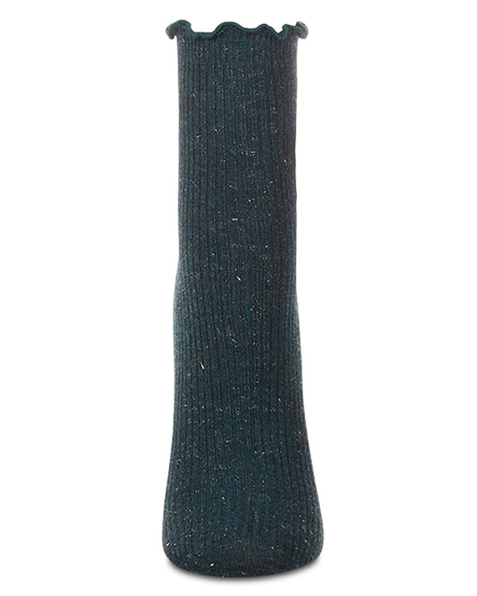 Women's Ribbed Cotton Blend Lettuce Edge Embroidered Owl Crew Sock : Color: Teal