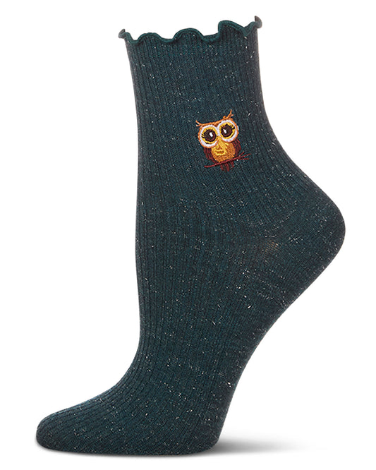 Women's Ribbed Cotton Blend Lettuce Edge Embroidered Owl Crew Sock : Color: Teal