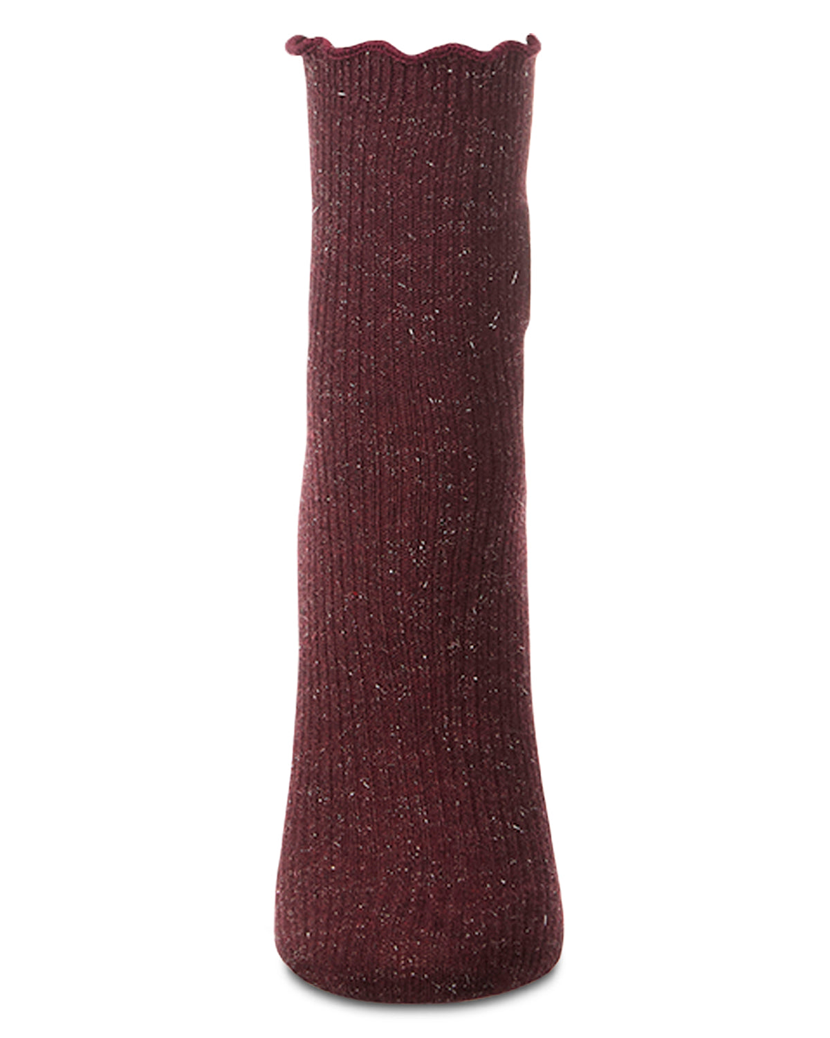 Women's Sparkly Ribbed Lettuce Edge Embroidered Sunflower Crew Sock : Color: Burgundy