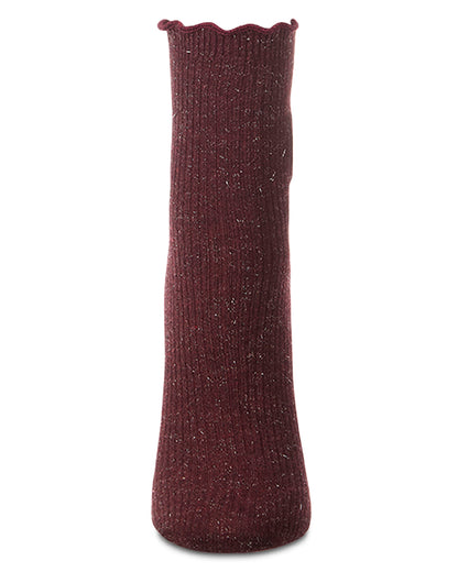 Women's Sparkly Ribbed Lettuce Edge Embroidered Sunflower Crew Sock : Color: Burgundy