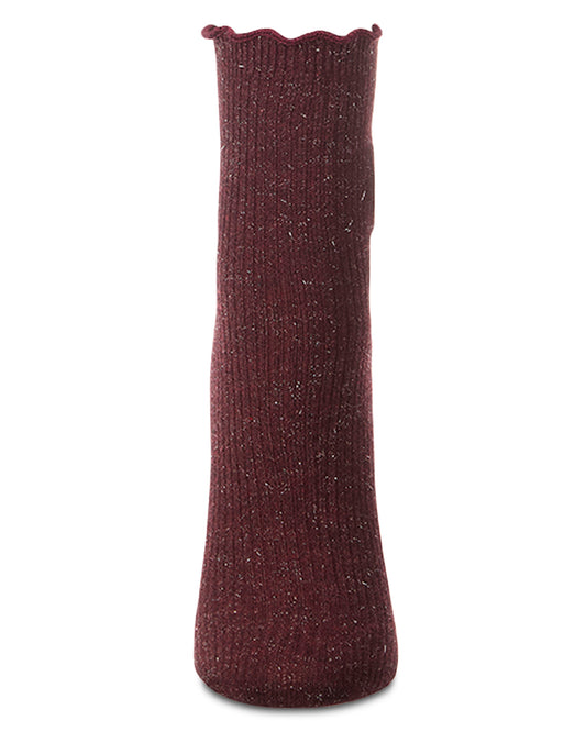 Women's Sparkly Ribbed Lettuce Edge Embroidered Sunflower Crew Sock : Color: Burgundy