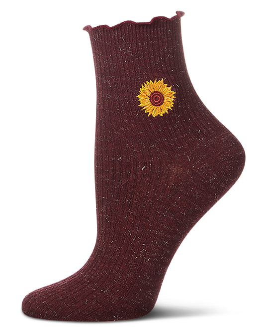 Women's Sparkly Ribbed Lettuce Edge Embroidered Sunflower Crew Sock : Color: Burgundy