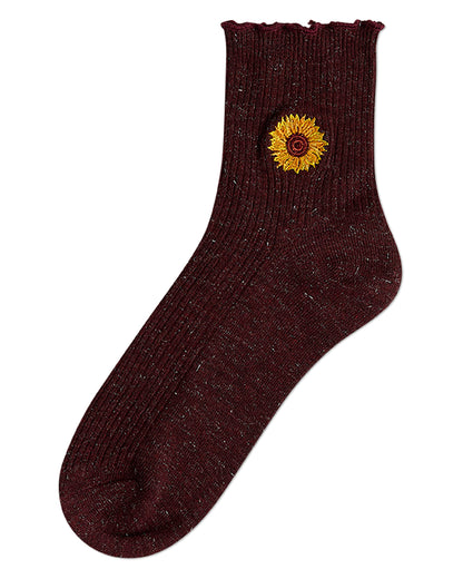 Women's Sparkly Ribbed Lettuce Edge Embroidered Sunflower Crew Sock : Color: Burgundy