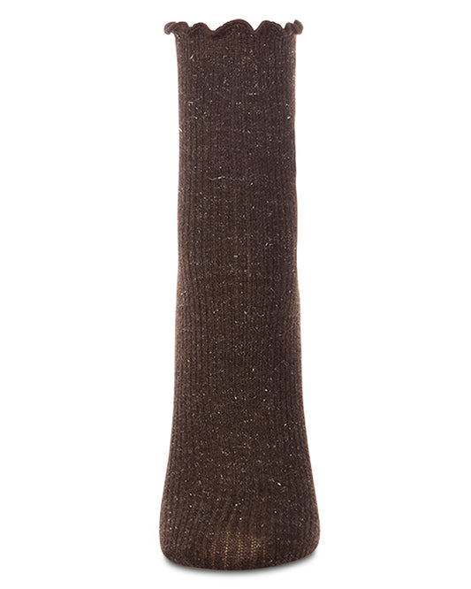 Women's Sparkly Ribbed Lettuce Edge Embroidered Leaf Crew Sock : Color: Java