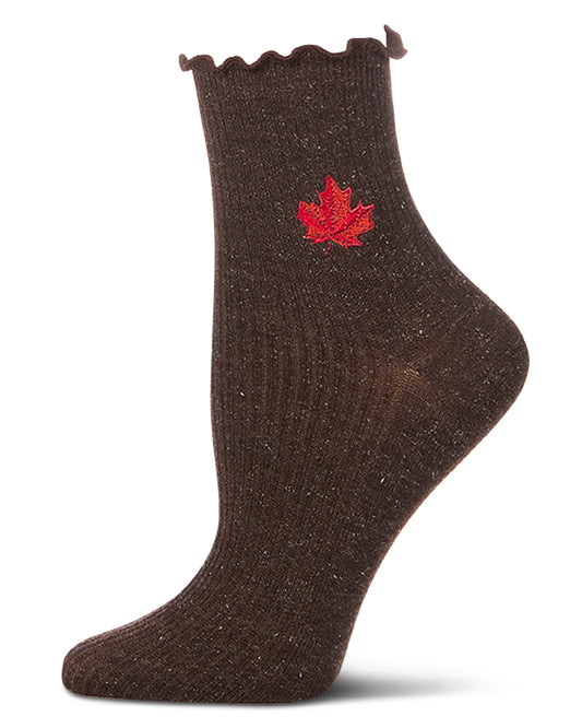 Women's Sparkly Ribbed Lettuce Edge Embroidered Leaf Crew Sock : Color: Java