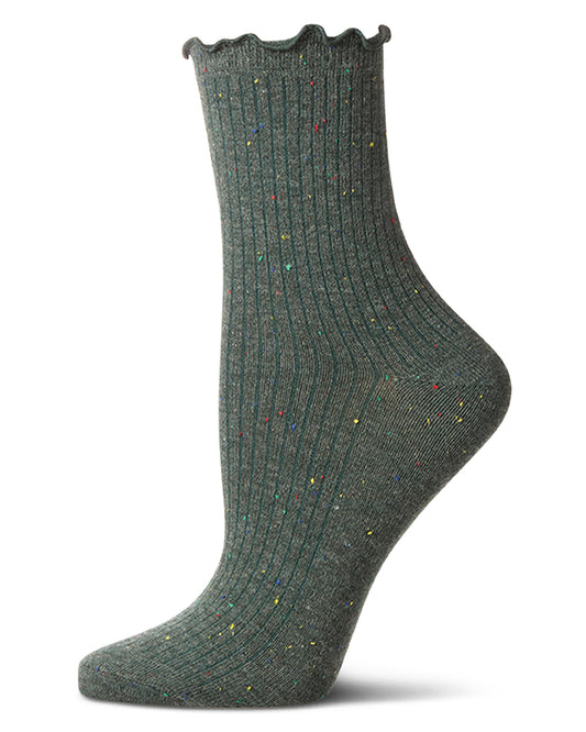 Women's Vintage Ribbed Multi-Flecked Lettuce Edge Crew Sock : Color: Moss