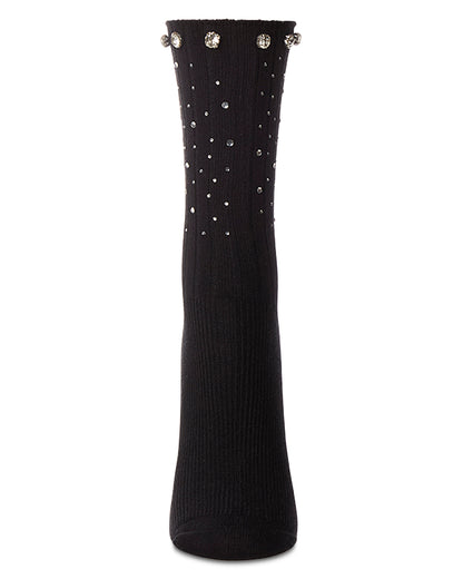Women's Ribbed Rhinestone Studded Cotton Rich Crew Sock : Color: Black