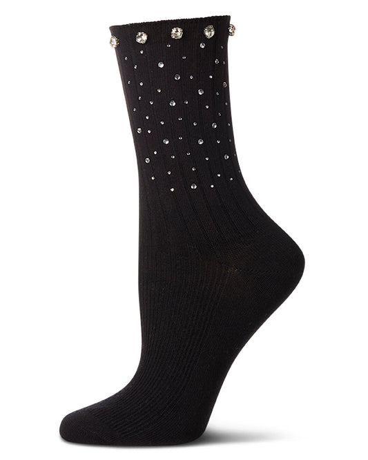 Women's Ribbed Rhinestone Studded Cotton Rich Crew Sock : Color: Black