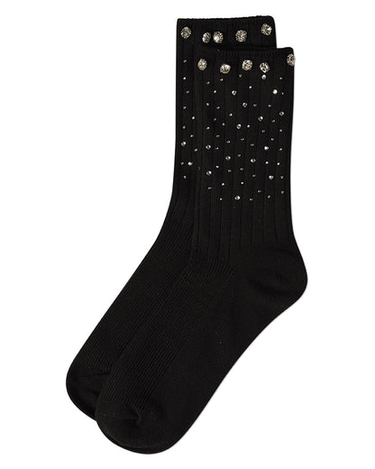 Women's Ribbed Rhinestone Studded Cotton Rich Crew Sock : Color: Black