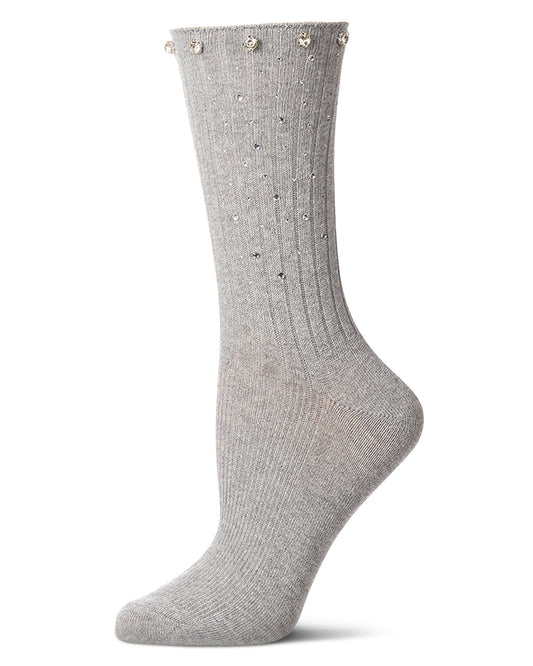 Women's Ribbed Rhinestone Studded Cotton Rich Crew Sock : Color: Med Gray Heather