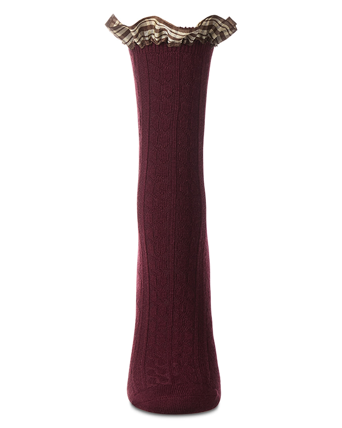 Women's Wool Blend Plaid Ruffle-Cuff Chain Stitch Crew Sock : Color: Burgundy