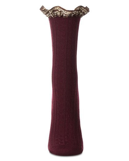 Women's Wool Blend Plaid Ruffle-Cuff Chain Stitch Crew Sock : Color: Burgundy