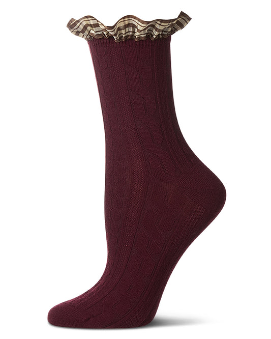 Women's Wool Blend Plaid Ruffle-Cuff Chain Stitch Crew Sock : Color: Burgundy